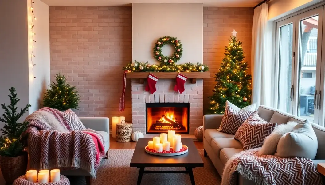 A living room transformed into a cozy holiday haven with soft lighting and plush decor.