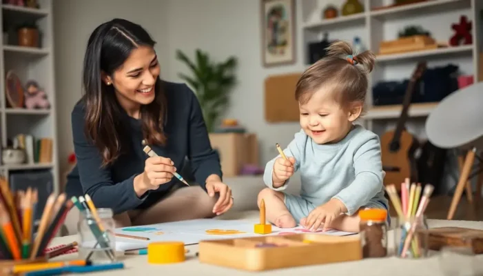 Parent and toddler participating in painting and music activities at home.