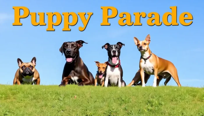 A French Bulldog, Great Dane, and Jack Russell Terrier playing on a grassy hill against a blue sky.