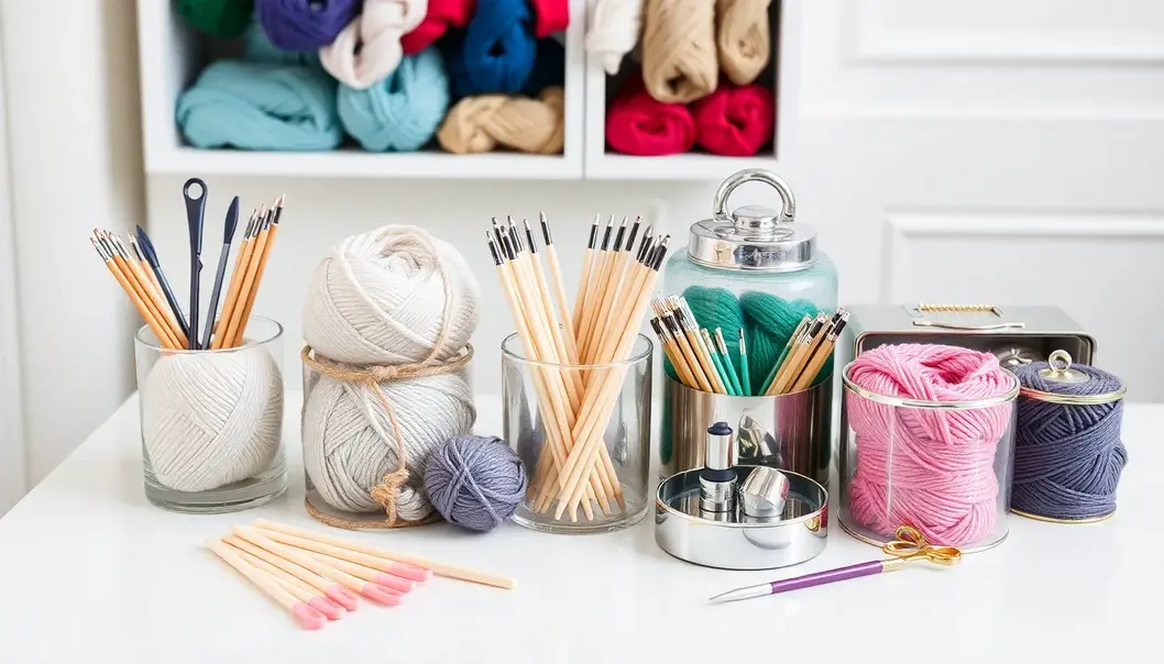 An array of essential knitting tools perfect for crafting designer pieces.