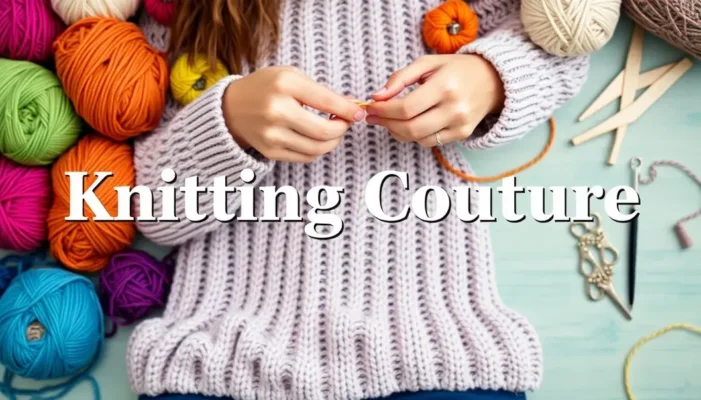 A person knitting a colorful sweater surrounded by stylish knitting tools.