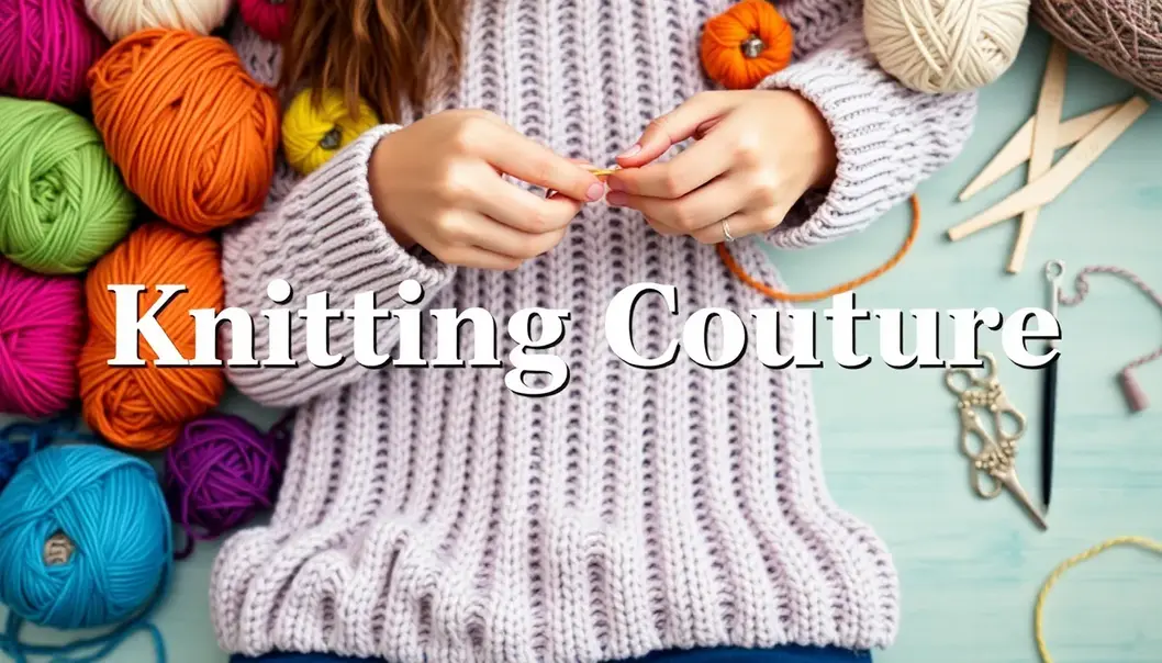 A person knitting a colorful sweater surrounded by stylish knitting tools.