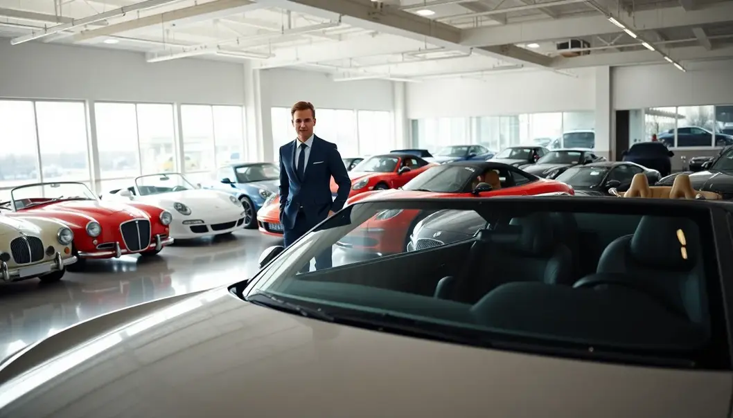An opulent garage offering a selection of high-end vehicles for subscription-based owners.