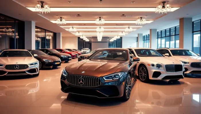 A luxurious showroom of high-end cars, representing subscription-based ownership options.