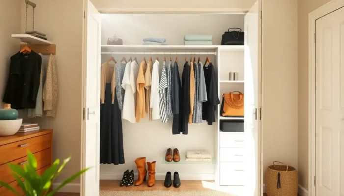A well-organized wardrobe in a downsized home, conveying confidence.