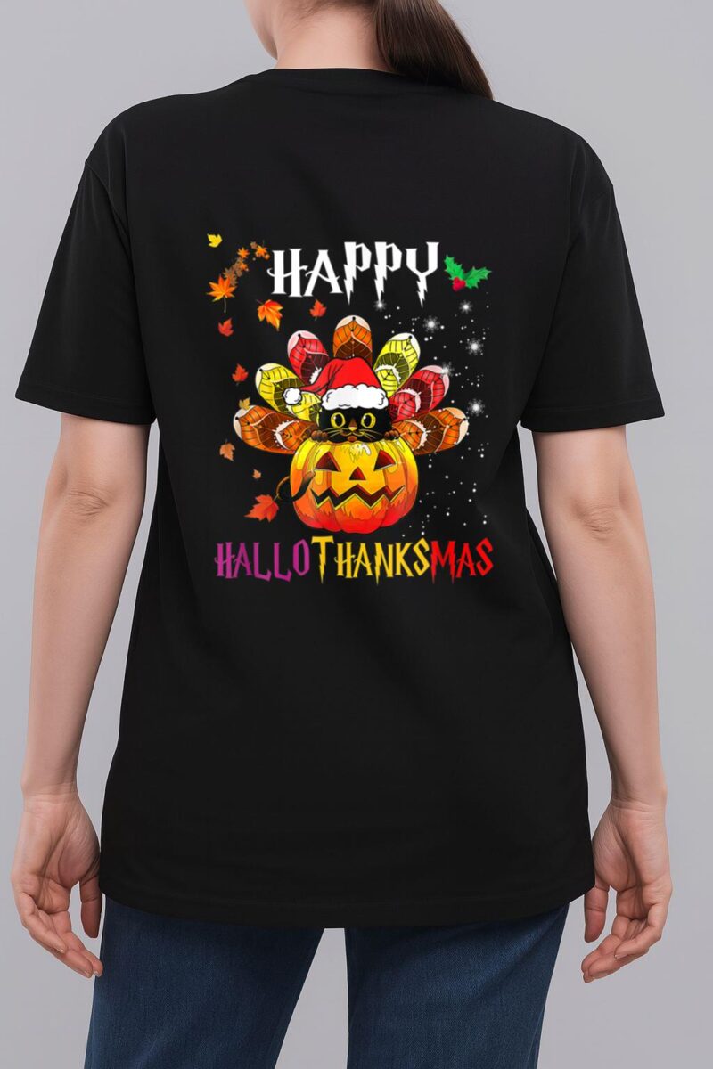 Black Cat Halloween And Merry Christmas Happy Hallothanksmas Woman T-Shirt